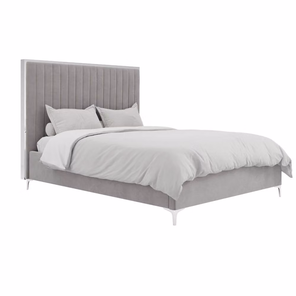 Wyld Haus Killarney Double Bed 4ft6 Mink Velvet Upholstered Bed with Tall Ribbed Headboard in Light Grey – 2