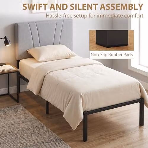 HOMCOM Single Bed Frame with Upholstered Headboard in Black and Grey, W/D/H: 90 x 190 cm – 4