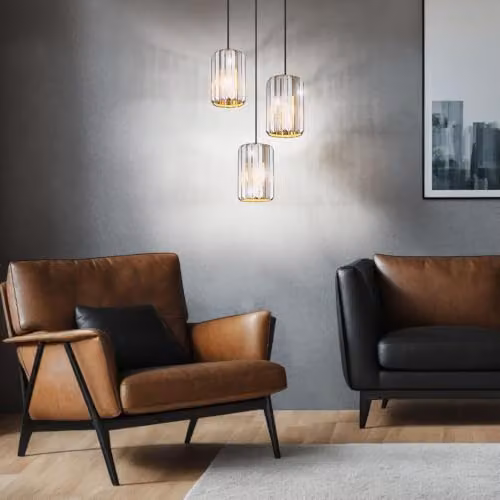 Netlighting Run Cluster Pendant Light with K5 Smoke Crystals in Brown and Wood Look, 3x E27, Diameter: 35 cm, Height: 120 cm – 2