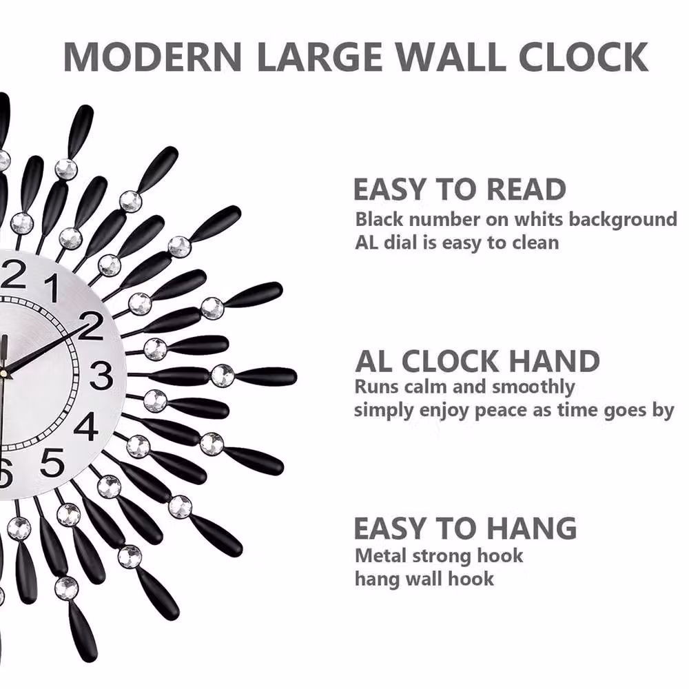 Havendro Modern Round Quartz Wall Clock with Diamante Beaded Crystals in Black, Gold and Multicolour, Diameter: 60 cm – 2