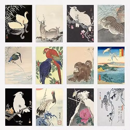 Artery8 50 Piece Japanese Art Collage Kit featuring Ohara Koson Woodblock Painting Prints, Multicolour Paper Poster Collection, W: 14.8 cm, H: 10.5 cm – 5