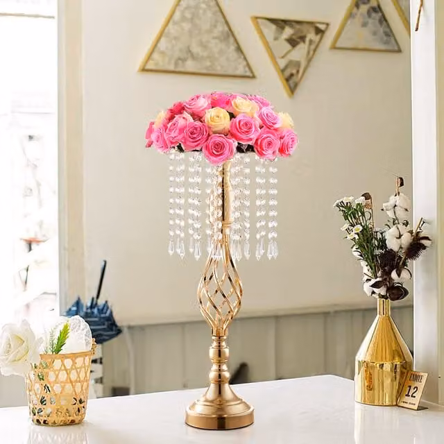 Livingandhome Gold Crystal Pendant Taper Candle Holder for Wedding Tabletop Decor