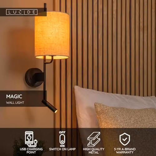Lucide Magic Black Wall Light with USB Charging Point and E27 Socket – 2