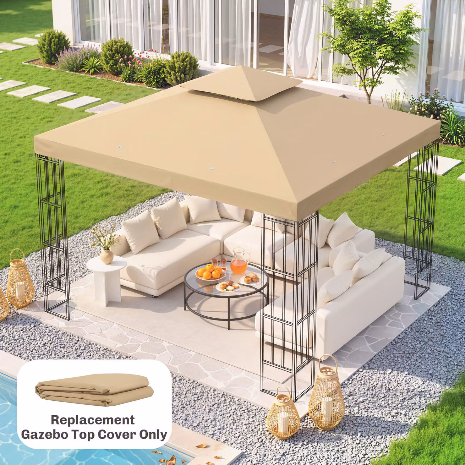 Outsunny Replacement Canopy Top Cover for Double Tier Gazebo, Deep Beige, 3 x 3 m – 2