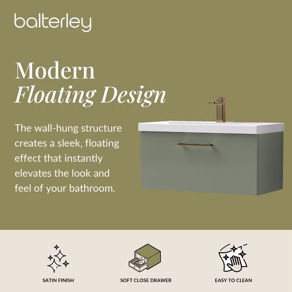 Balterley Modern Wall Hung 1 Drawer Vanity Basin Unit in Satin Green with Bronze Handle, Width: 80 cm – 2