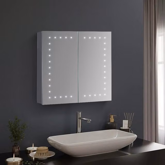 Livingandhome Modern Silver LED Double-Door Bathroom Mirror Cabinet with Shaver Socket and Anti-Fog Feature