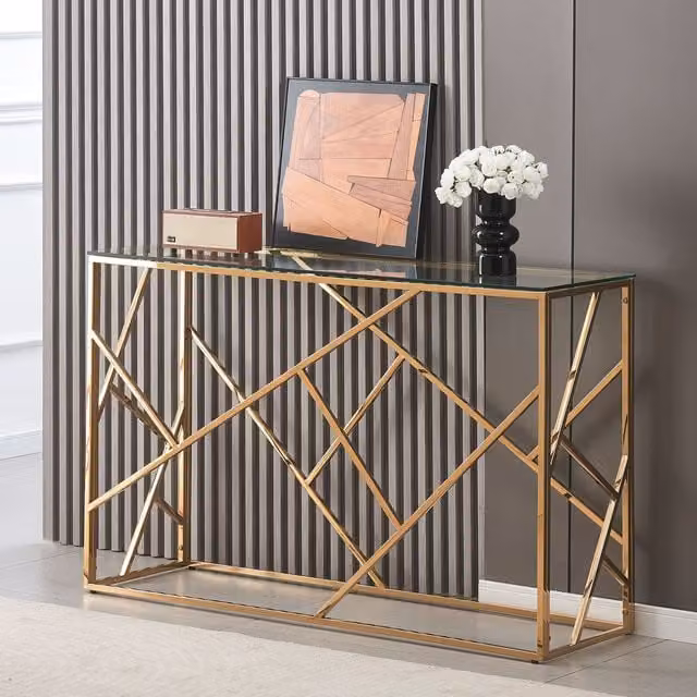 Comfy Living Gold Metal and Glass Rectangular Geometric Minimalist Console Table