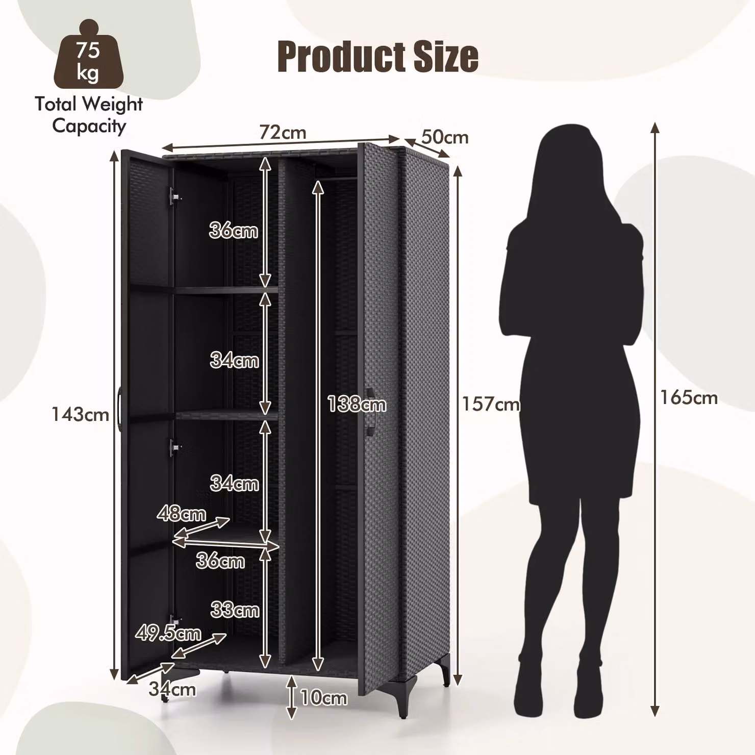 Costway PE Rattan Wardrobe with Hanging Rod in Black, Width: 157 cm – 3
