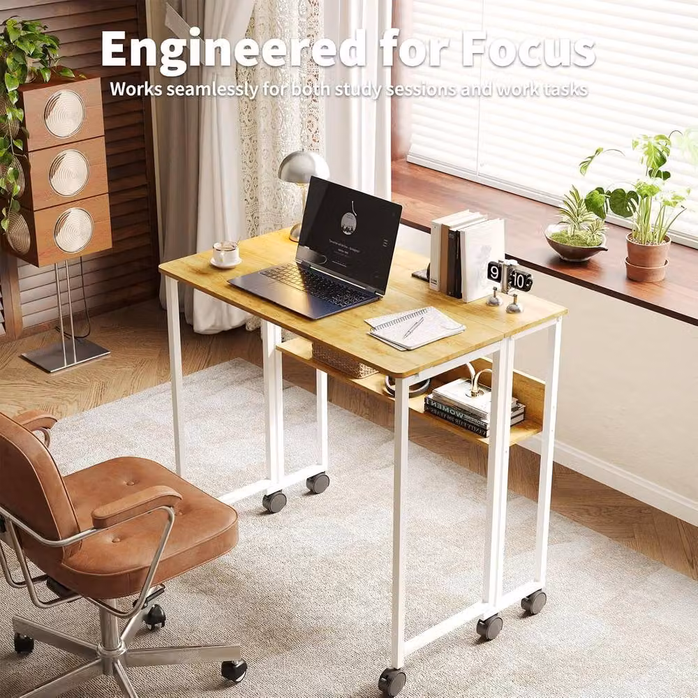 London Boutique Folding Computer Writing Table with Storage Shelf and Castors in Brown – 4