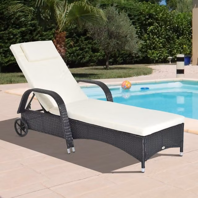 Outsunny Adjustable Rattan Sun Lounger with Castors and Multi-Position Glide in Black