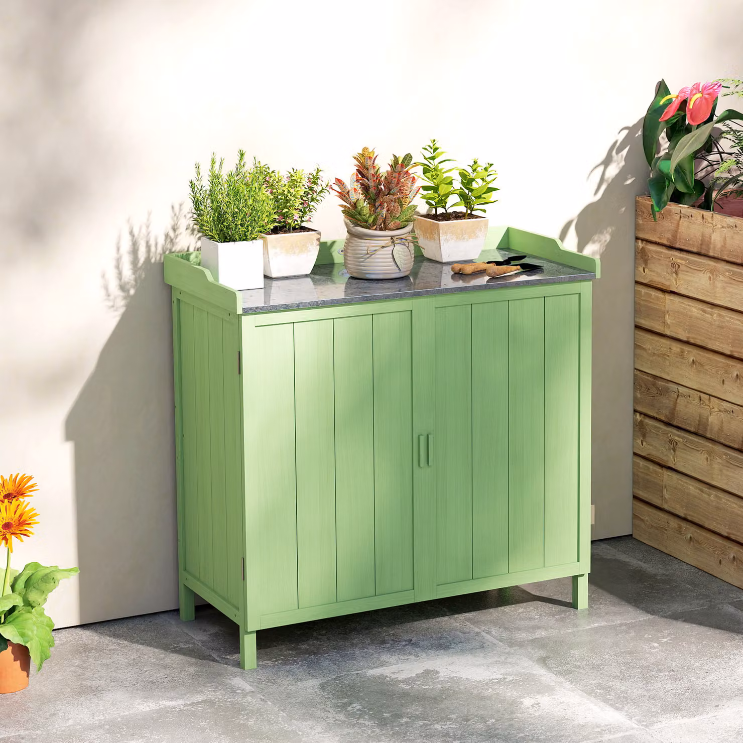 Outsunny Green Wood Garden Storage Cabinet and Potting Bench with Galvanised Steel Top and Internal Shelves – 5