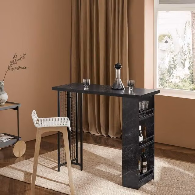 SoBuy Modern Black Marble Effect High Bar Table with Wine Storage
