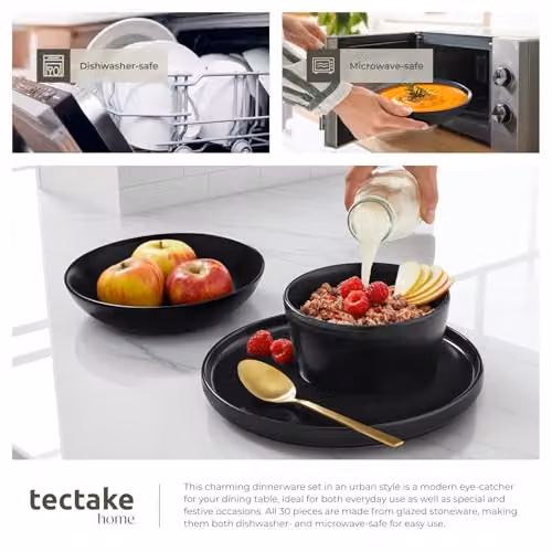 tectake 30-Piece Black Stoneware Dinnerware Set for 6 People, Microwave and Dishwasher Safe – 7