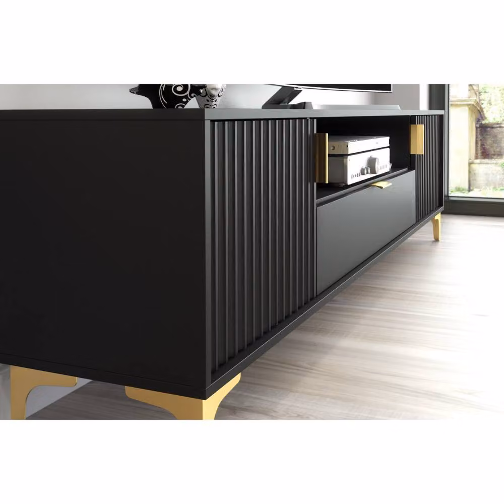 Creative Furniture Tide Crest Modern Geometric TV Unit in Black and Gold, W: 200 cm – 3
