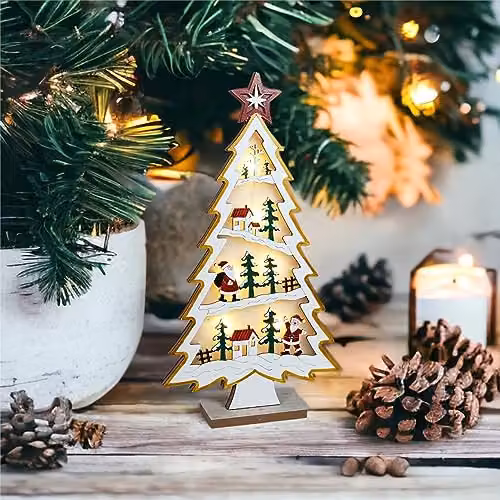 St Helens Home & Garden Xmas Haus Natural Wood LED Light Up Christmas Village Tree Scene, Brown and White, W/D/H: 18.5 x 18.5 x 18.5 cm – 4