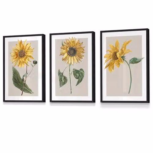 ARTZE Set of 3 Vintage Sunflower Botanical Wall Art with Black Frames, W: 45 cm, H: 62 cm, D: 2 cm – 2