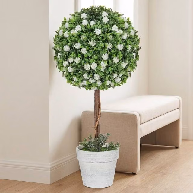 STILVORA Set of 2 Artificial Rose Topiary Plants in Green and White Pots, Height: 60 cm