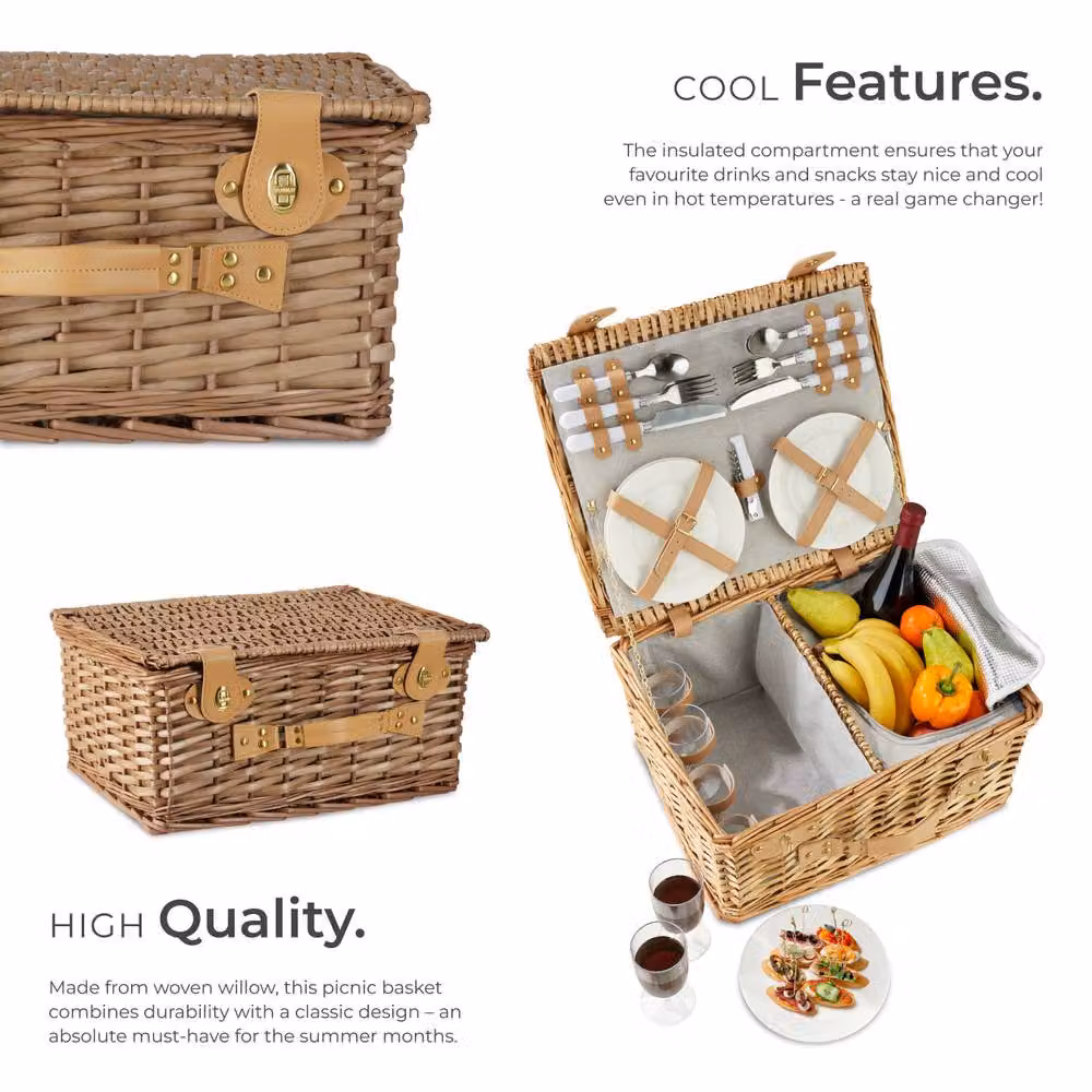 tectake Fohr Picnic Basket for 4 People with Cooler Compartment and Accessories in Brown – 3