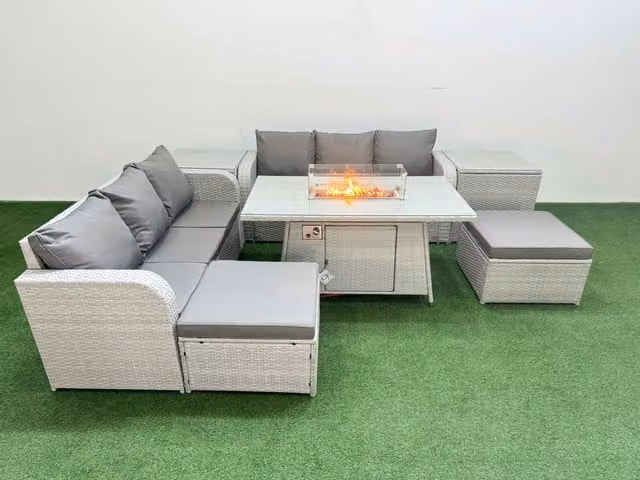 Fimous 8 Seater Grey Wicker Rattan Garden Furniture Set with Firepit Dining Table, High Back Lounge Sofa, 2 Footstools and 2 Side Tables