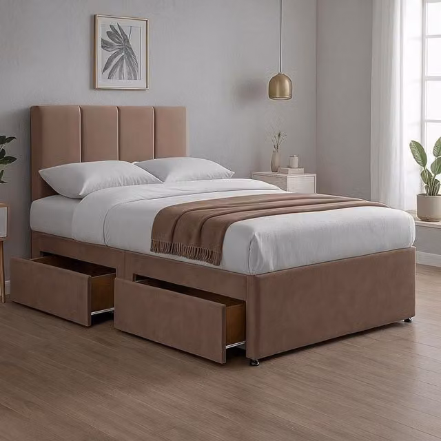 Bed Time UK Plush Divan Bed with Hybrid Mattress, 20 inch Vertical Line Headboard and 2 Drawers, Light Sand, W/D/H: 90 x 200 cm