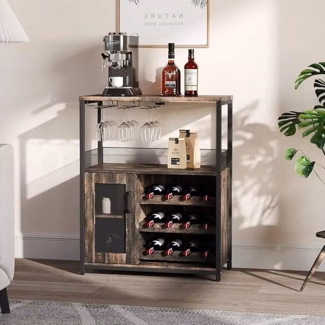 VOGREX Tall Wine Bar Rack Cabinet in Brown with Glass Doors, Adjustable Shelves and Glass Holder