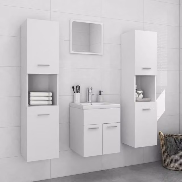 Berkfield Home Modern White Bathroom Furniture Set with Vanity Unit, Tall Cabinet and Mirror Cabinet