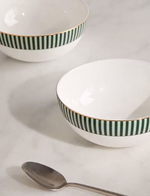 M&S Set of 4 Green Striped Bone China Hampton Cereal Bowls
