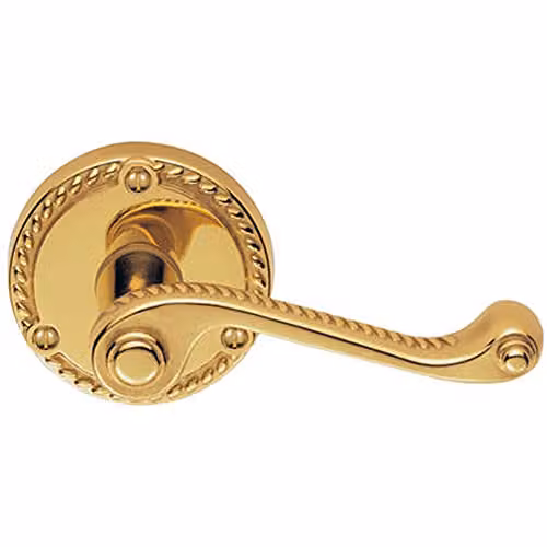 Loops Pair of Georgian Scroll Door Handles with Round Rose in Polished Brass Rope Design Pattern