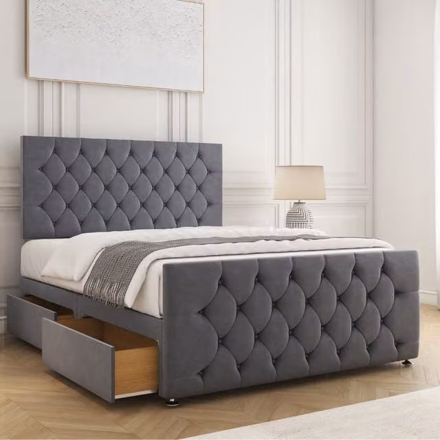 BSSPOKE Maya Grey Velvet Plush Double Divan Bed with 4 Drawers, 24 inch Headboard and Footboard, W/D/H: 140 x 200 x 30.48 cm – 1