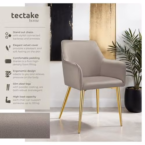 tectake Set of 2 Avane Dining Chairs with Velvet-Look Fabric and Armrests in Taupe – 4