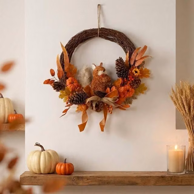 Garden Greatness Autumn Woodland Rattan Squirrel Wreath in Orange