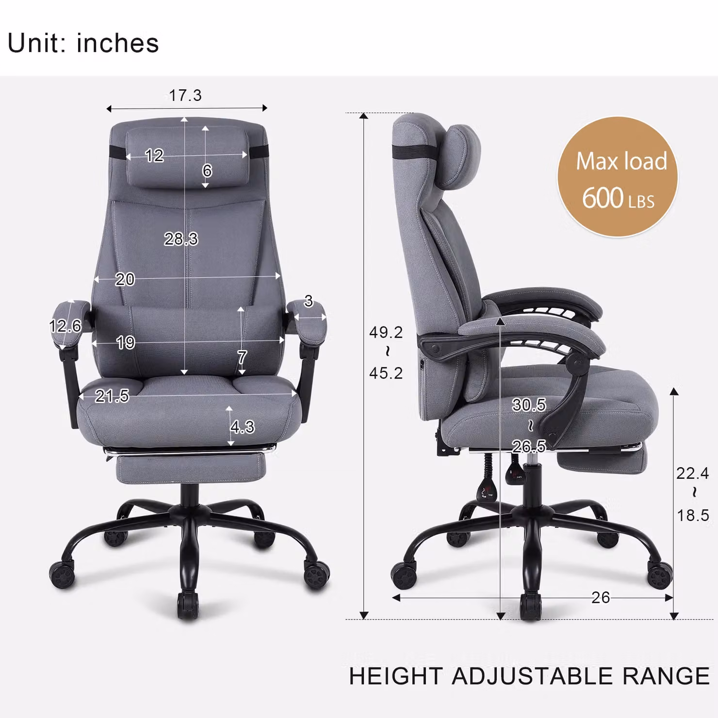 FURNITURE ONE Linen Effect Ergonomic Gaming PC Chair in Light Grey with High Back, Recliner and Swivel Function – 3