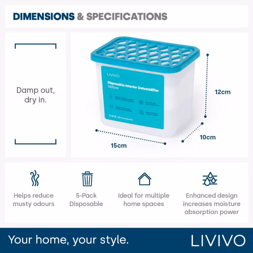 LIVIVO Disposable Dehumidifiers for Damp and Mould, 1000ml, 5 Pack, Blue – 6