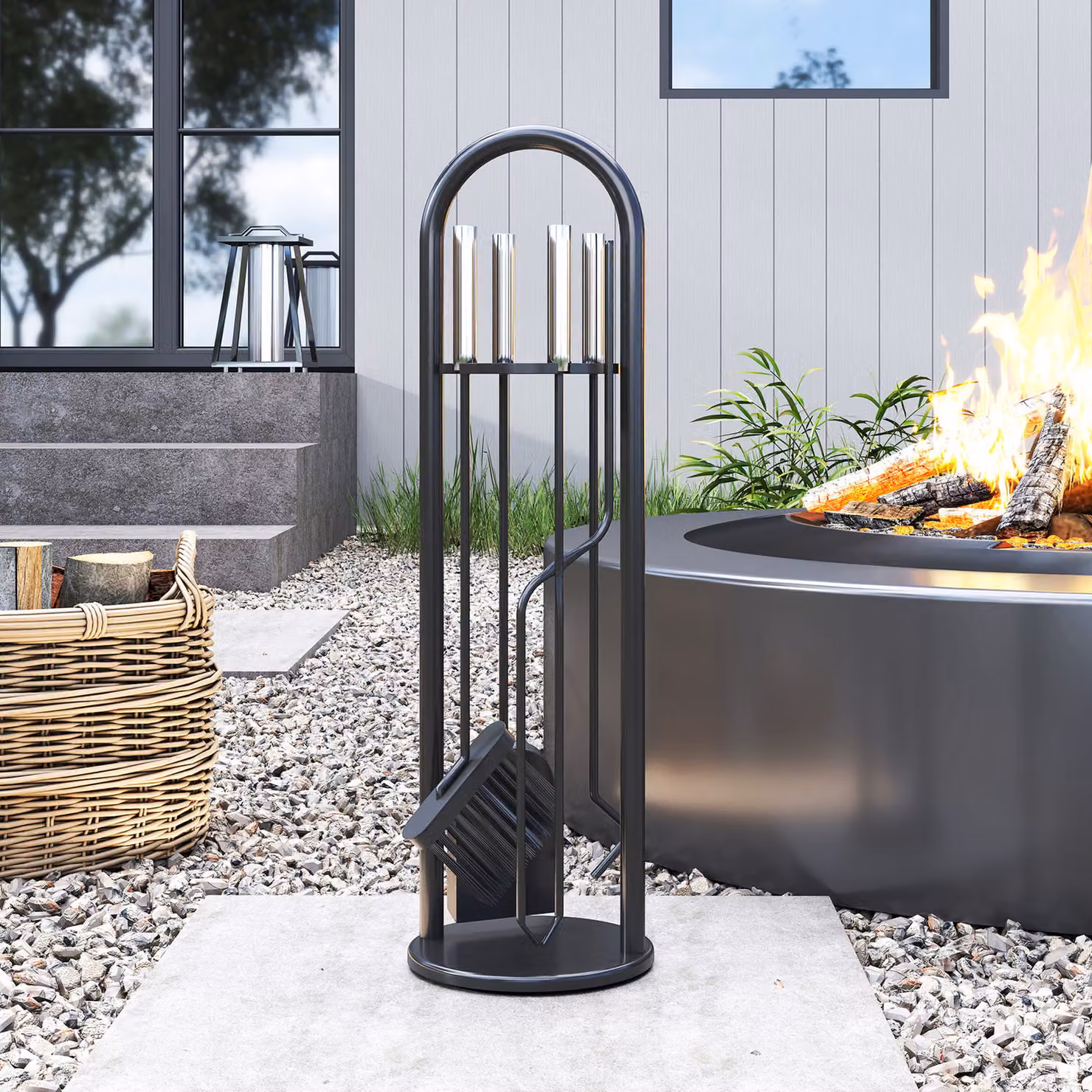 Outsunny 5 Piece Black Metal Fireplace Companion Set with Broom, Shovel, Poker, Tongs and Stand – 7