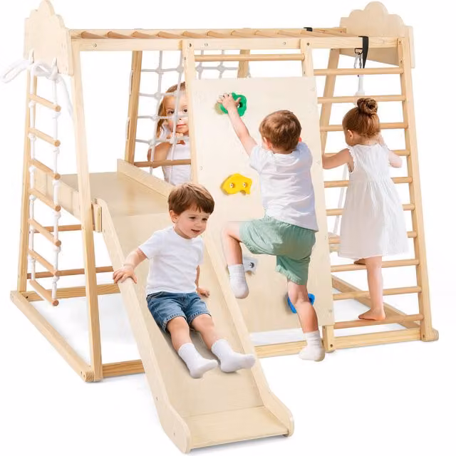 COSTWAY 8-in-1 Indoor Jungle Gym in Brown and Beige Wood and Textile, W/D/H: 126 x 110 x 110 cm