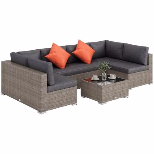 Outsunny 4 Piece L-Shape Rattan Corner Sofa Set with Coffee Table and Cushions, Grey – 2