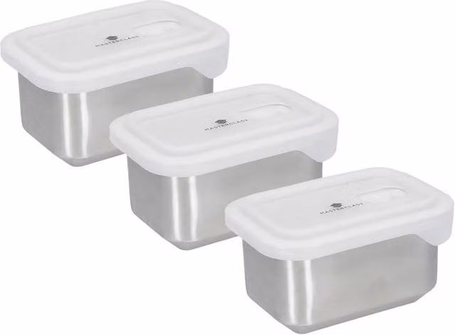 MasterClass Set of 3 Stainless Steel Food Storage Dishes with Snap Lids, 750ml, Grey
