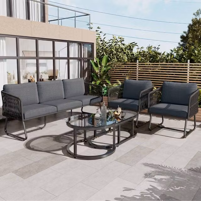 Direct Wicker 3 Piece Grey Outdoor Garden Furniture Set with Upholstered 3 Seater Sofa and Glass Coffee Table