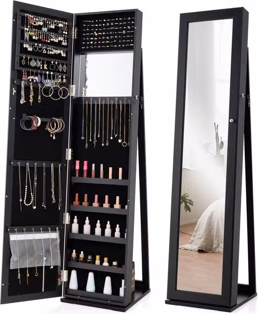 COSTWAY 3-in-1 Lockable Jewelry Cabinet in Black Matt MDF