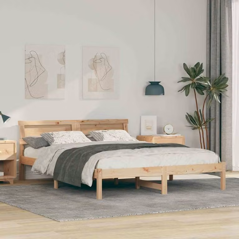 Berkfield Home Modern Solid Wood Bed with LED Strip Lights and Headboard in Natural Brown, W/D/H: 140 x 200 cm