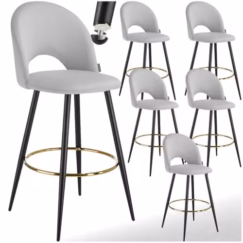 tectake Set of 6 Modern Bar Stools with Velvet-Look Covers and Metal Legs in Grey and Black – 1