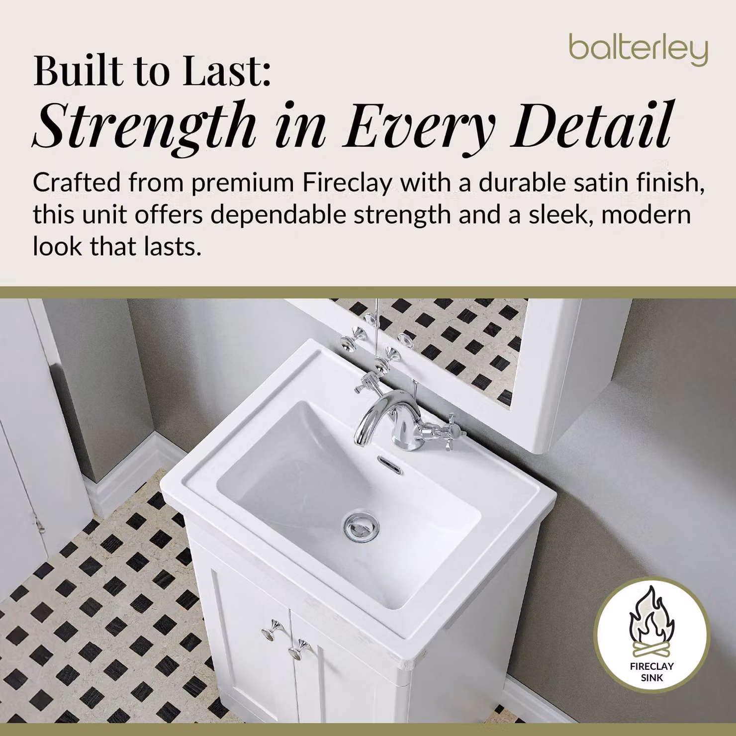 Balterley 2-Door Freestanding Bathroom Floor Vanity Unit and Fireclay Basin in Satin White, W: 50 cm, H: 86.5 cm – 2