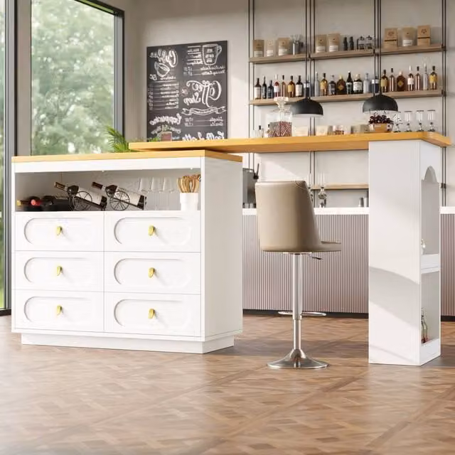 BTM Rotating Bar Table with Six Drawers, Open Storage and Spice Rack in White, W/D/H: 51.77 x 39.0 x 90.0 cm