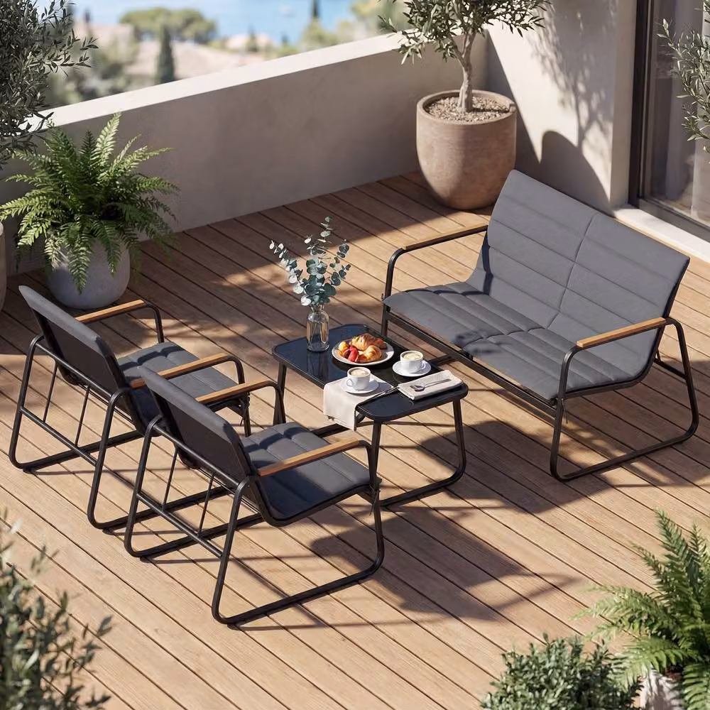 Gymax 4-Piece Modern Outdoor Furniture Set in Grey with Glass Coffee Table, 2-Seater Sofa, Armchair and Upholstered Cushions – 6