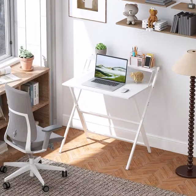 HOMCOM White Folding Computer Desk with Rectangular Top and X-Frame Design