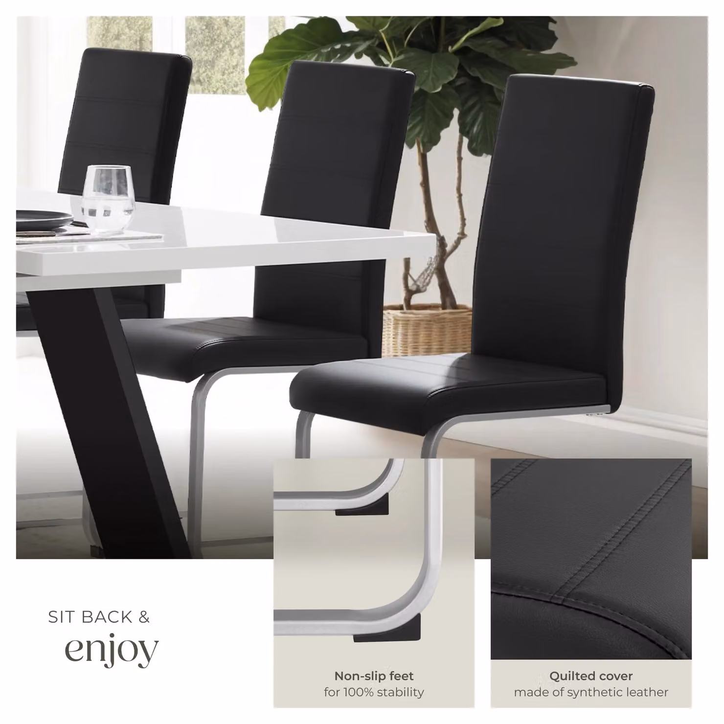 tectake Bettina Set of 2 Dining Chairs in Black Synthetic Leather with Metal Cantilever Base – 4