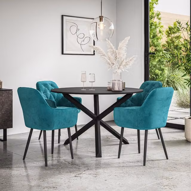 More4Homes Malvern Round Black Dining Table with 4 Blue Anika Velvet Chairs and Black Oak Legs, Diameter: 120 cm, Height: 75 cm