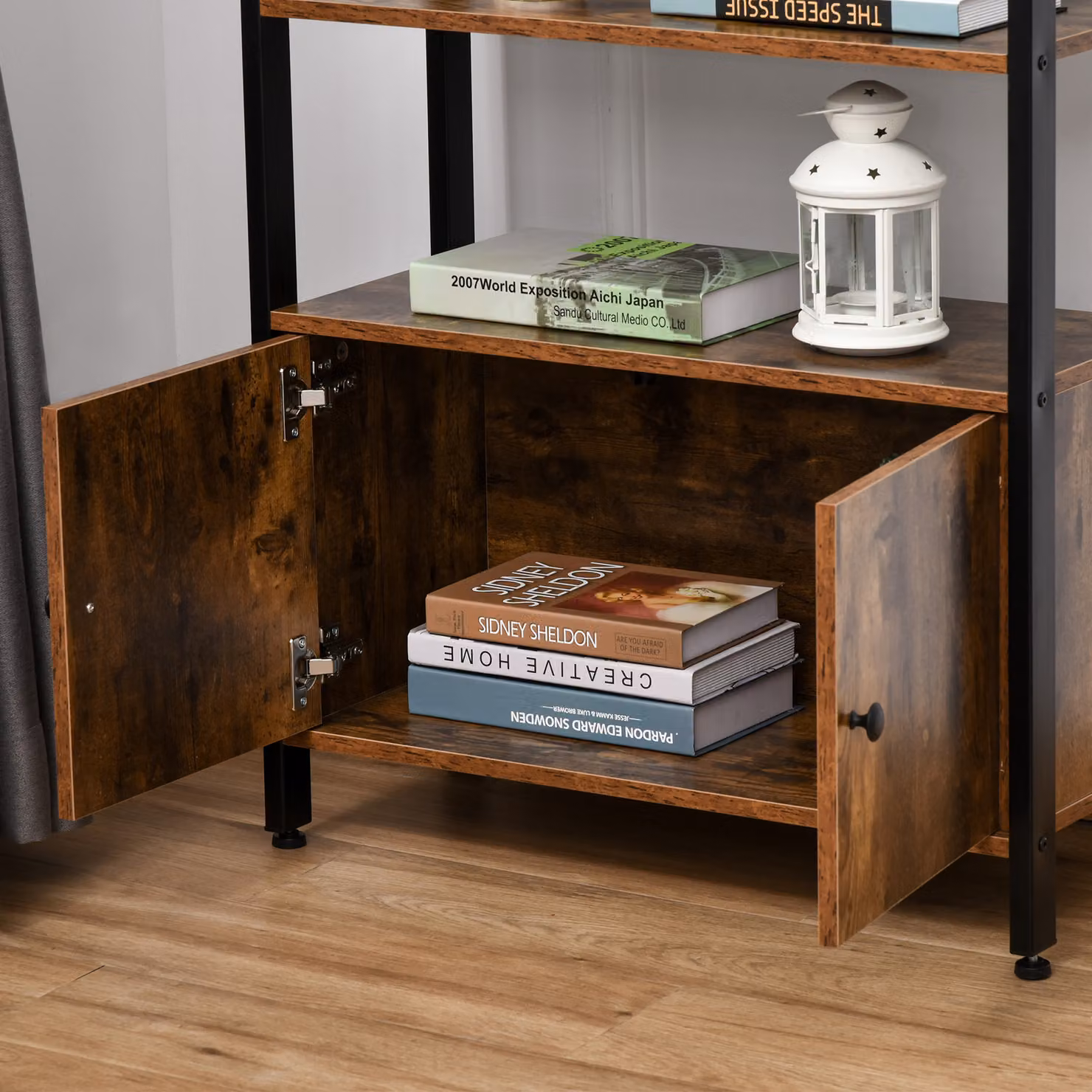 HOMCOM Industrial 3-Tier Bookshelf and Storage Cabinet with Doors in Rustic Brown – 8