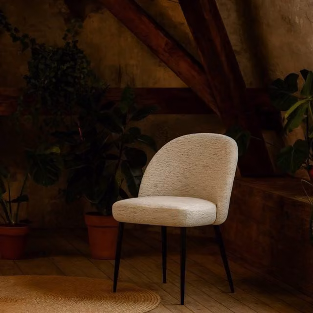 Wyld Haus Montsoreau Curved Back Upholstered Dining Chair in White Fabric with Metal Legs