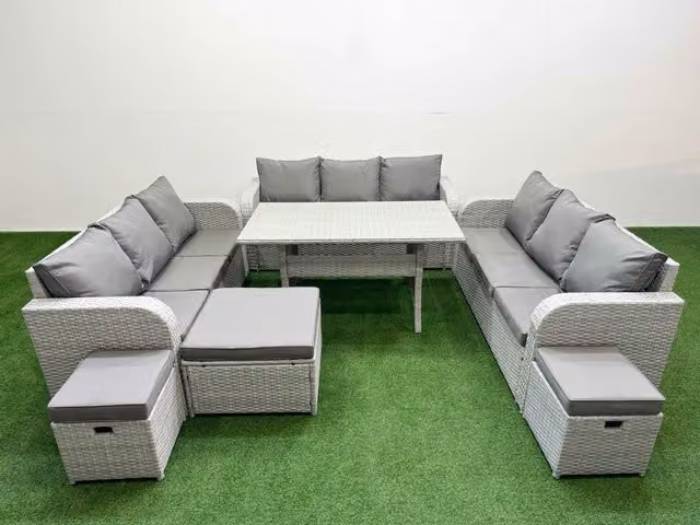 Fimous 12 Seater PE Rattan Outdoor Garden Furniture Set in Light Grey with Rectangular Dining Table, 3 Seater Sofa and 3 Stools